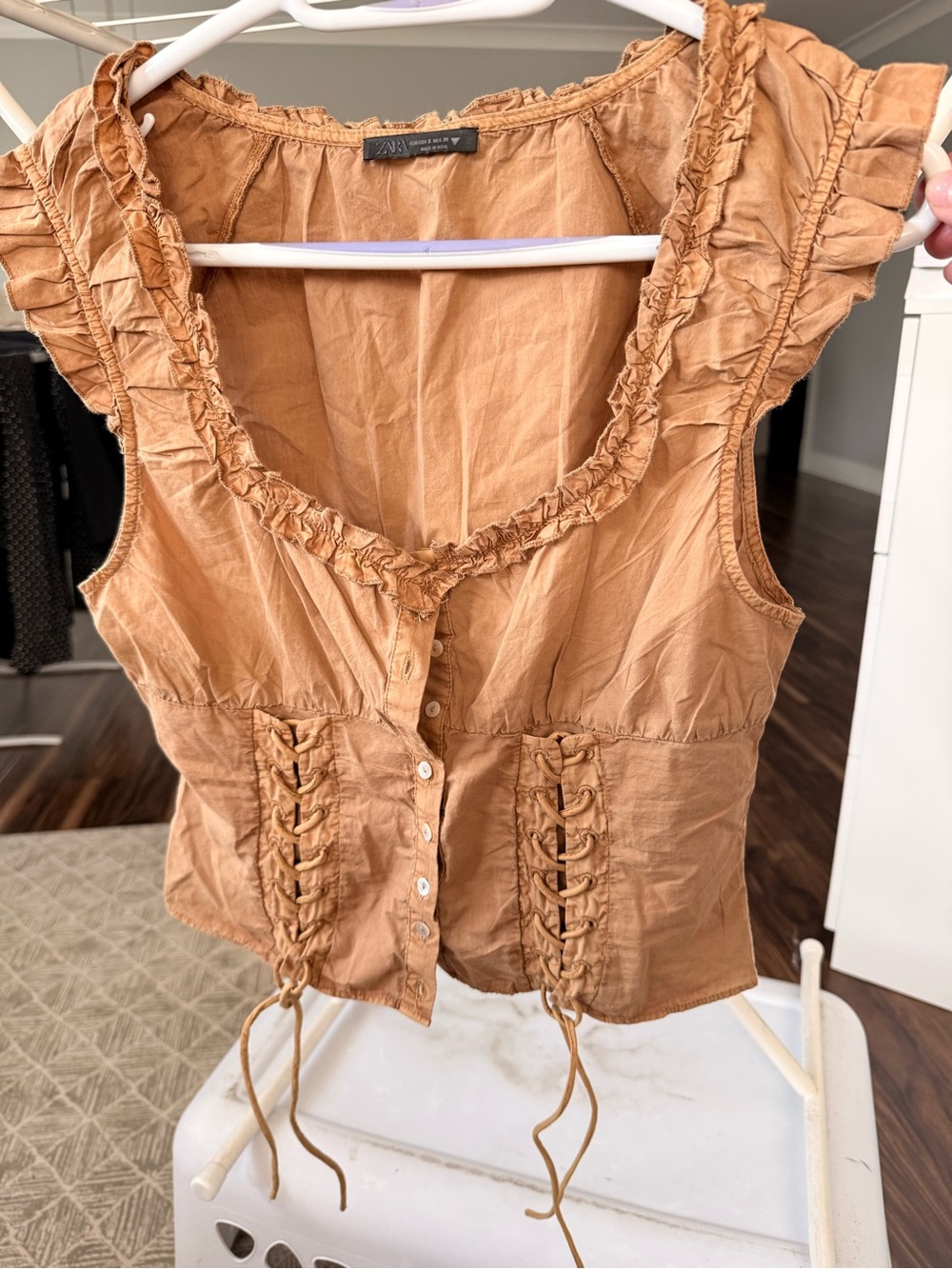 Zara Rust-Tan Ruffled Lace-Up Crop Top